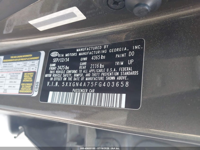 2015 Kia Optima VIN 5XXGN4A75FG403658 IAAI salvage auction — NORMAL WEAR, Clear (North Carolina), sold $700 on 2026-07-29 (photo 9)