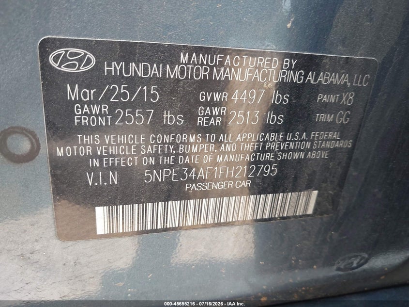 2015 Hyundai Sonata VIN 5NPE34AF1FH212795 IAAI salvage auction — NORMAL WEAR, Clear (New York), sold $1,825 on 2026-07-28 (photo 9)