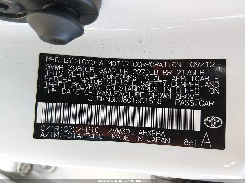 2012 Toyota Prius VIN JTDKN3DU8C1601518 IAAI salvage auction — FRONT END, Salvage (California), sold $1,250 on 2026-08-01 (photo 9)