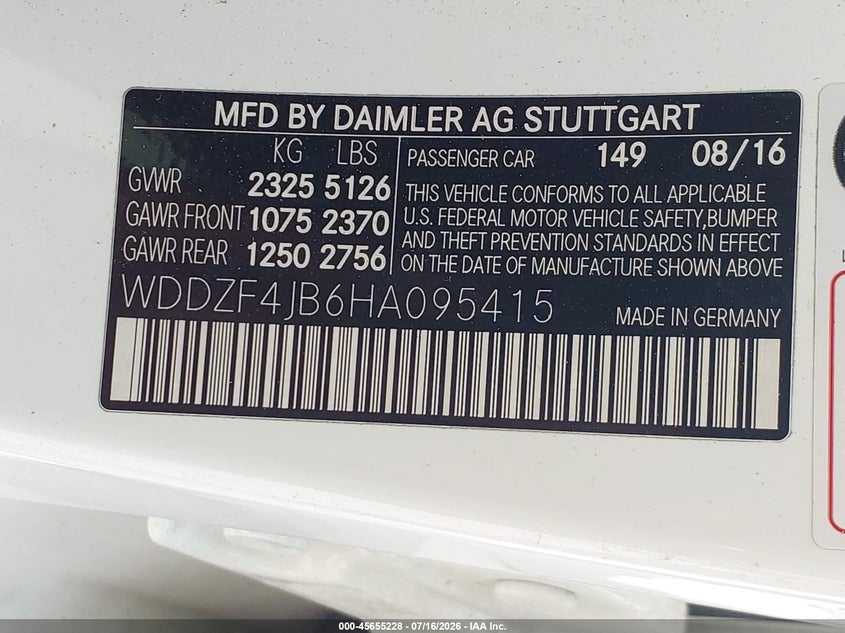 2017 Mercedes-benz E-klasse VIN WDDZF4JB6HA095415 IAAI salvage auction — FRONT END, Salvage Title, sold $3,650 on 2026-07-29 (photo 9)