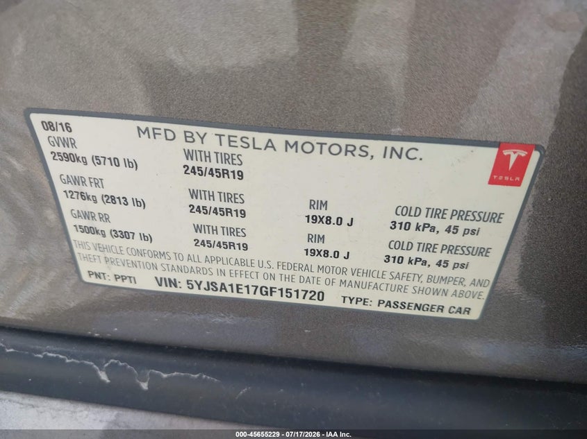 2016 Tesla Model s VIN 5YJSA1E17GF151720 IAAI salvage auction — NORMAL WEAR, Clear (Georgia), sold $3,550 on 2026-07-28 (photo 9)