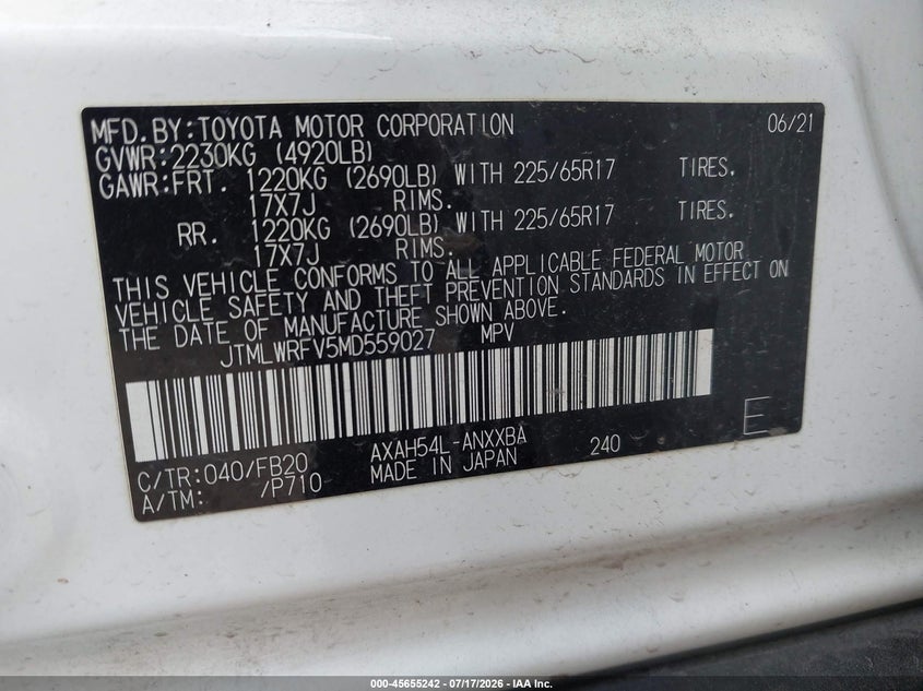 2021 Toyota Rav4 hybrid VIN JTMLWRFV5MD559027 IAAI salvage auction — UNKNOWN, Enterprise Vehicles Clear Only (Texas), sold $21,050 on 2026-07-27 (photo 9)
