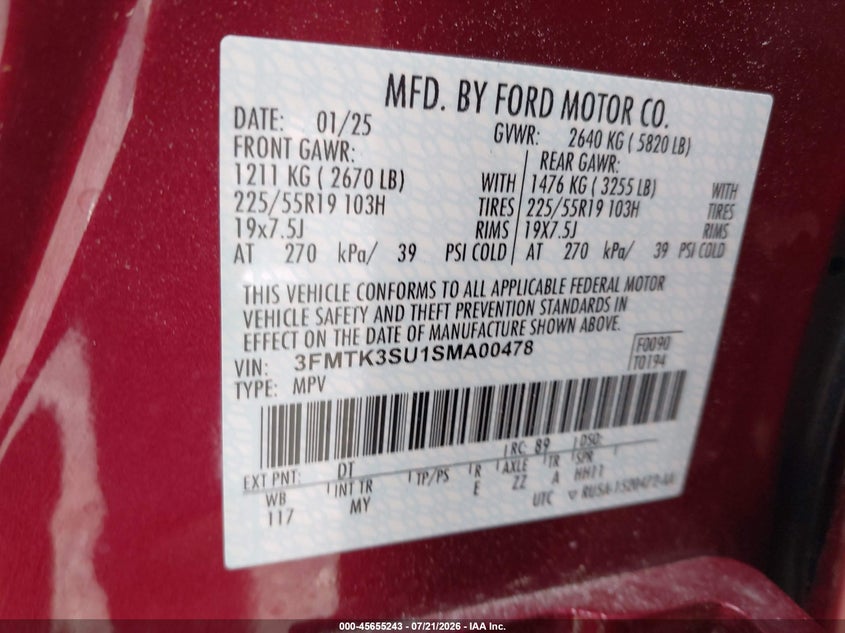 2025 Ford Mustang mach-e VIN 3FMTK3SU1SMA00478 IAAI salvage auction — FRONT END, Salvage Title, sold $13,775 on 2026-08-19 (photo 9)