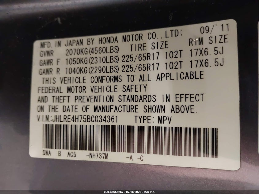 2011 Honda Cr-v VIN JHLRE4H75BC034361 IAAI salvage auction — LEFT FRONT, Mv-907A (New York), sold $925 on 2026-07-29 (photo 9)