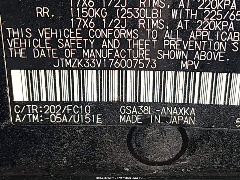 2007 Toyota Rav4 VIN JTMZK33V176007573 IAAI salvage auction — NORMAL WEAR, Original (Texas), sold $850 on 2026-07-29 (photo 9)