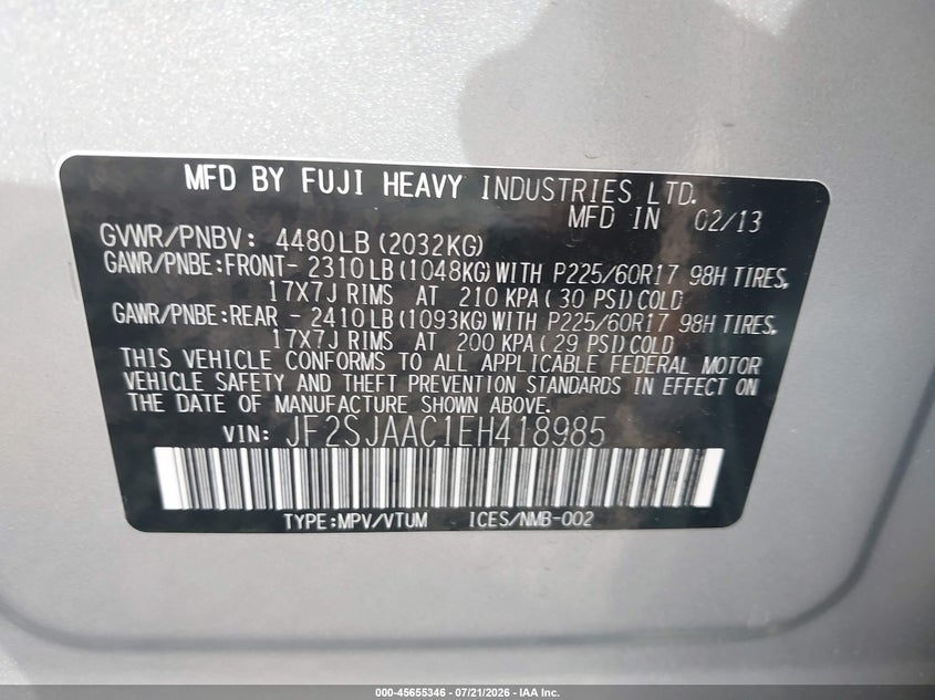 2014 Subaru Forester VIN JF2SJAAC1EH418985 IAAI salvage auction — NORMAL WEAR, Clear - Public Restricted (Oregon), sold $4,150 on 2026-07-27 (photo 9)