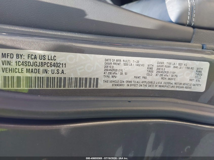 2023 Dodge Durango VIN 1C4SDJGJ8PC640211 IAAI salvage auction — FRONT END, Wait Title, sold $15,300 on 2026-09-08 (photo 9)