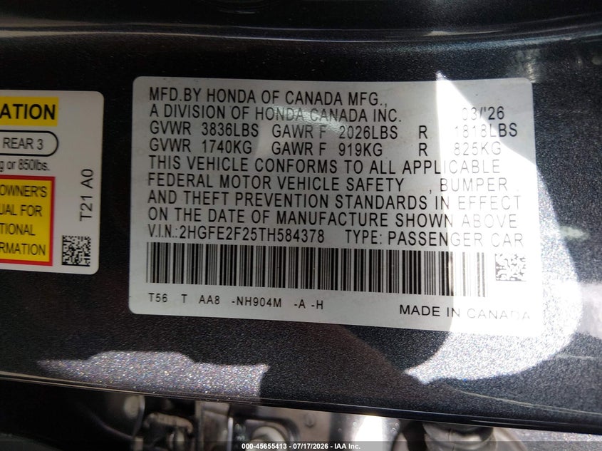 2026 Honda Civic VIN 2HGFE2F25TH584378 IAAI salvage auction — SIDE, Wait Title, sold $9,000 on 2026-08-27 (photo 9)