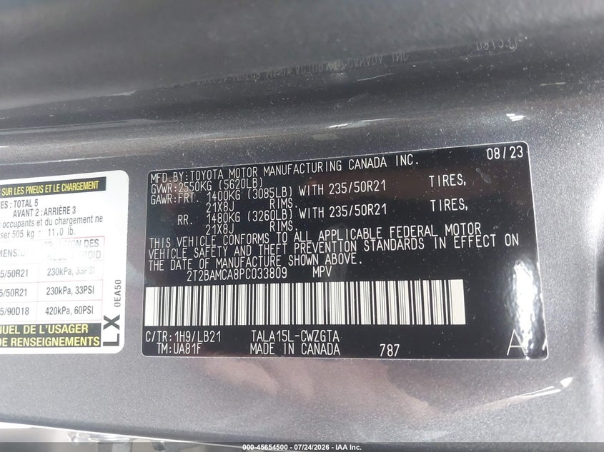 2023 Lexus Rx VIN 2T2BAMCA8PC033809 IAAI salvage auction — HAIL, Salvage (Ohio), sold $27,000 on 2026-07-31 (photo 9)