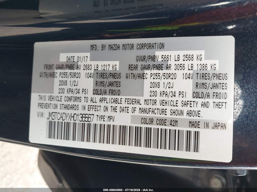 2017 Mazda Cx-9 VIN JM3TCADYXH0136567 IAAI salvage auction — RIGHT FRONT, Original (Texas), sold $100 on 2026-07-21 (photo 9)
