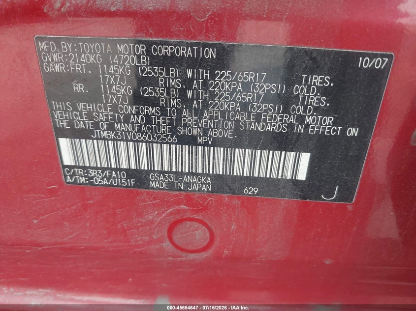 2008 Toyota Rav4 VIN JTMBK31V086032566 IAAI salvage auction — NORMAL WEAR, Clear (Pennsylvania), sold $1,325 on 2026-07-31 (photo 9)