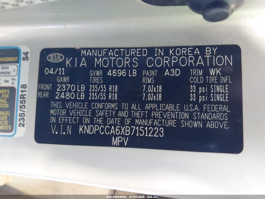 2011 Kia Sportage VIN KNDPCCA6XB7151223 IAAI salvage auction — NORMAL WEAR, Clear (Colorado), sold $350 on 2026-07-29 (photo 9)