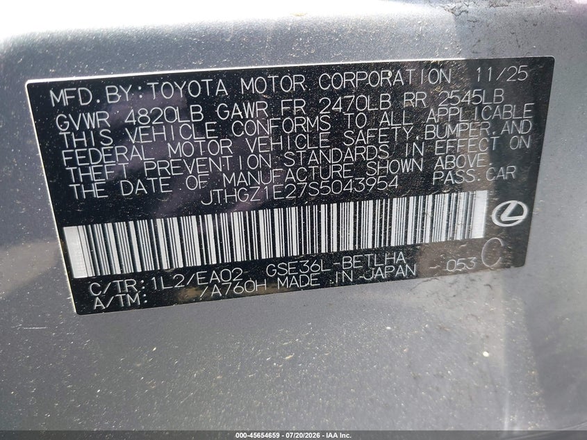 2025 Lexus Is VIN JTHGZ1E27S5043954 IAAI salvage auction — FRONT & REAR, Salvage Title, sold $17,500 on 2026-08-29 (photo 9)