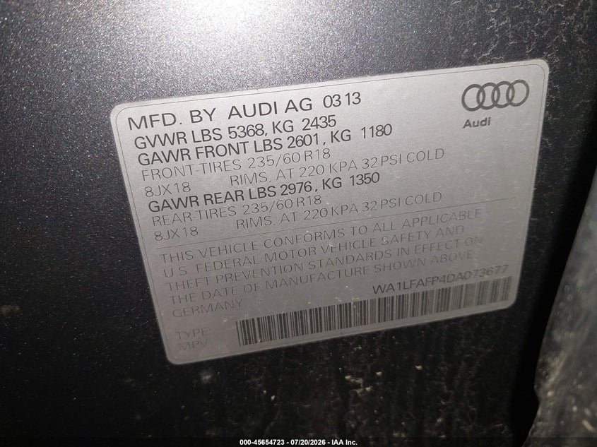 2013 Audi Q5 VIN WA1LFAFP4DA073677 IAAI salvage auction — NORMAL WEAR, Clear (Pennsylvania), sold $1,375 on 2026-07-30 (photo 9)