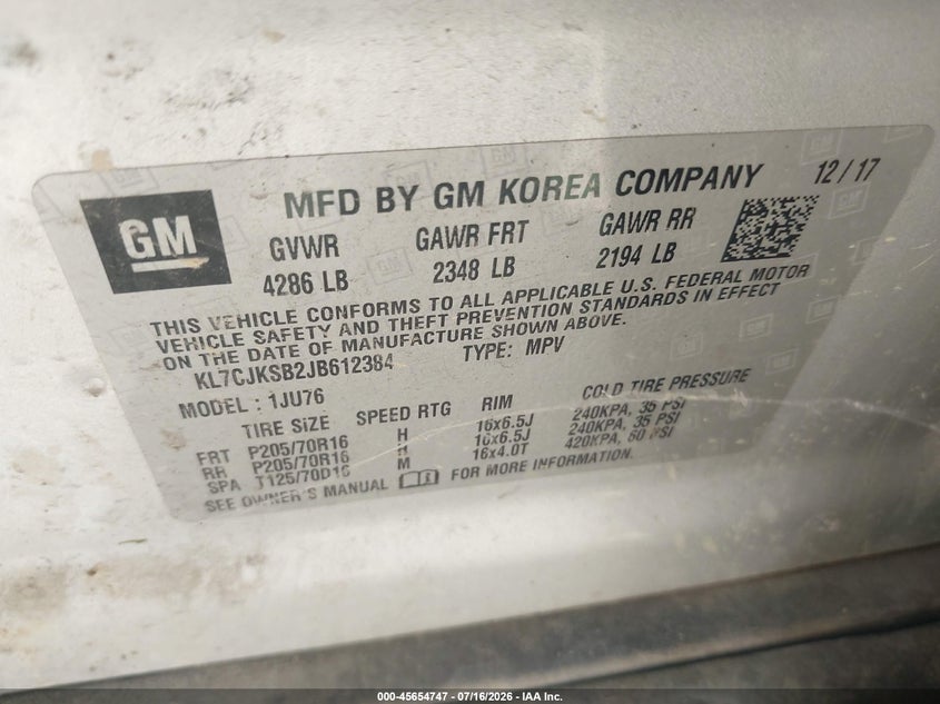 2018 Chevrolet Trax VIN KL7CJKSB2JB612384 IAAI salvage auction — NORMAL WEAR, Clear (Indiana), sold $475 on 2026-07-29 (photo 9)