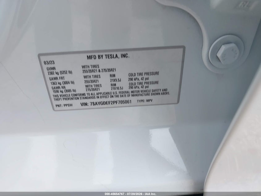 2023 Tesla Model y VIN 7SAYGDEF2PF705061 IAAI salvage auction — FRONT END, Salvage Title, sold $12,500 on 2026-08-27 (photo 9)