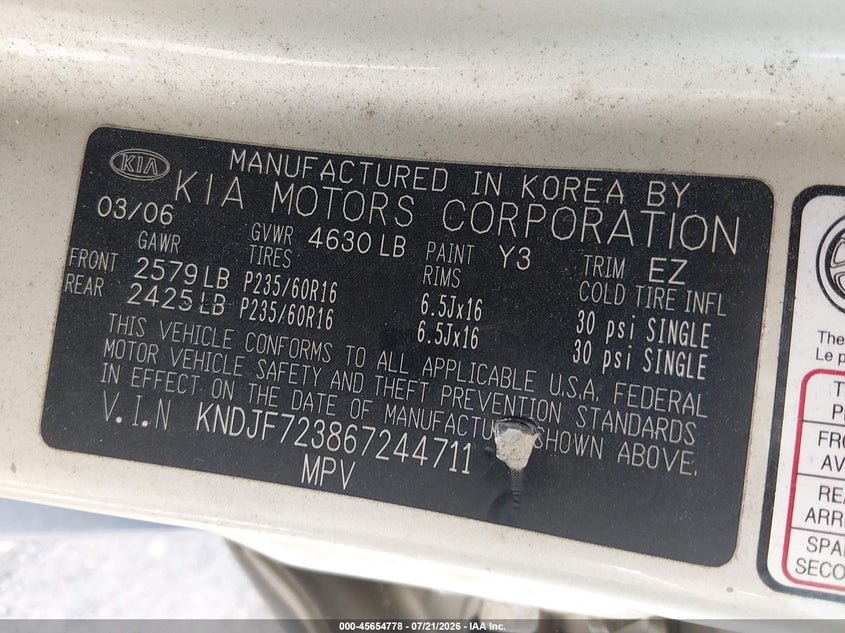 2006 Kia Sportage VIN KNDJF723867244711 IAAI salvage auction — NORMAL WEAR, Clear (Tennessee), sold $600 on 2026-07-29 (photo 9)