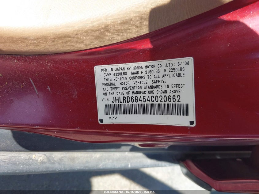 2004 Honda Cr-v VIN JHLRD68454C020662 IAAI salvage auction — REAR END, Clear - Dealer Only (California), sold $350 on 2026-07-29 (photo 9)
