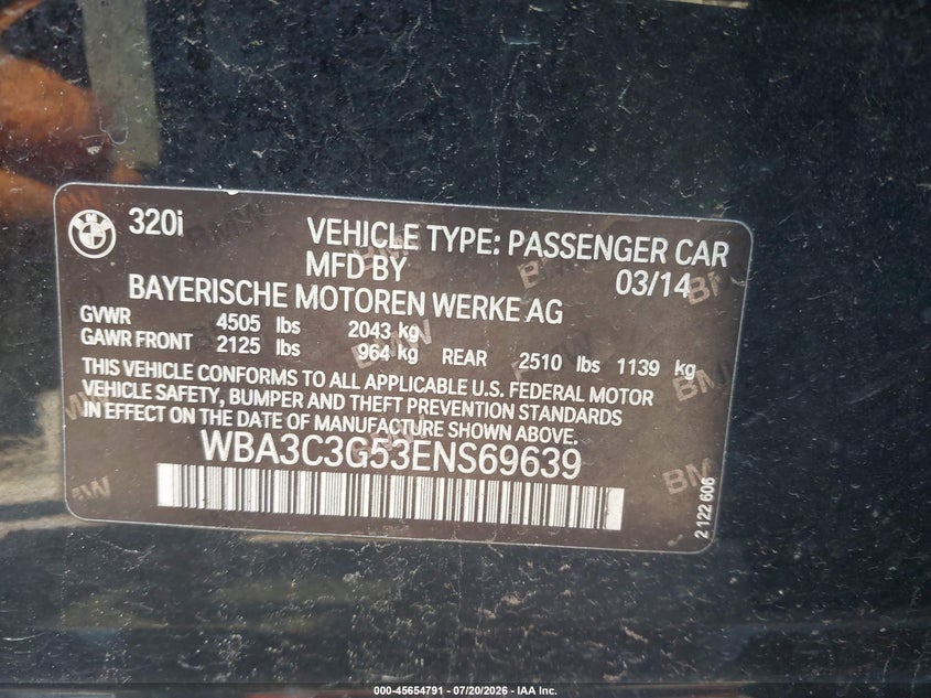 2014 BMW 3er VIN WBA3C3G53ENS69639 IAAI salvage auction — FRONT END, Salvage Title, sold $325 on 2026-08-07 (photo 9)