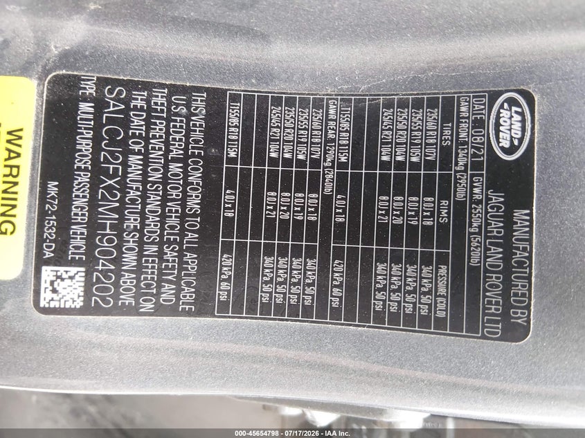 2021 Land rover Discovery sport VIN SALCJ2FX2MH904202 IAAI salvage auction — FRONT END, Salvage Title, sold $5,200 on 2026-08-19 (photo 9)