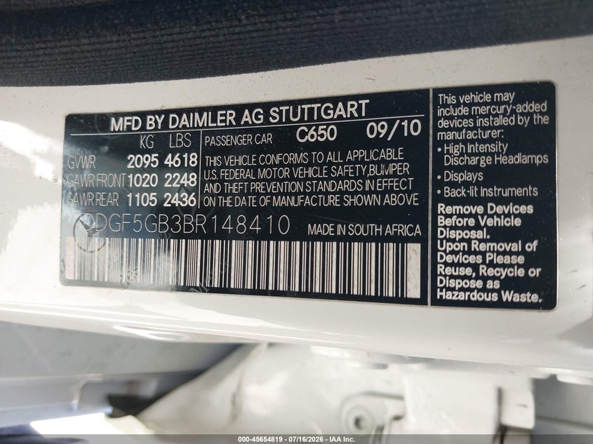 2011 Mercedes-benz C-klasse VIN WDDGF5GB3BR148410 IAAI salvage auction — SIDE, Salvage (California), sold $675 on 2026-07-19 (photo 9)