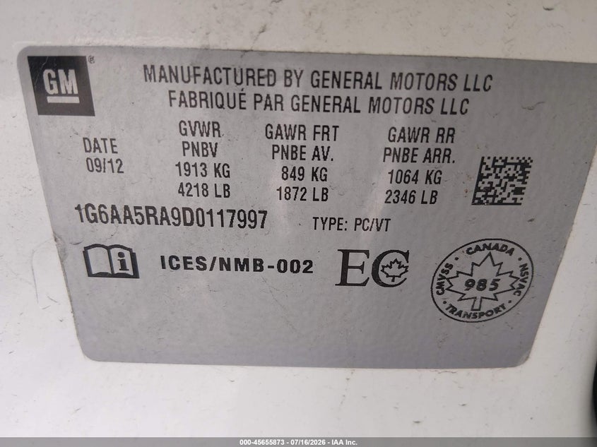 2013 Cadillac Ats VIN 1G6AA5RA9D0117997 IAAI salvage auction — NORMAL WEAR, Clear (Illinois), sold $1,275 on 2026-08-03 (photo 9)