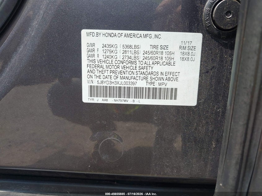 2018 Acura Mdx VIN 5J8YD3H3XJL003397 IAAI salvage auction — REAR END, Salvage Title, sold $2,500 on 2026-07-29 (photo 9)