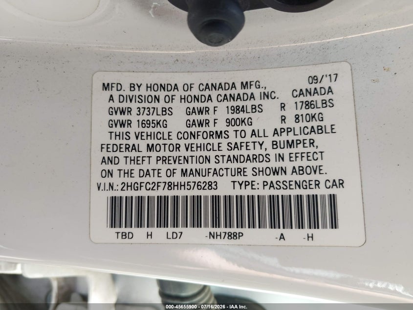 2017 Honda Civic VIN 2HGFC2F78HH576283 IAAI salvage auction — LEFT FRONT, Salvage (California), sold $3,000 on 2026-07-30 (photo 9)