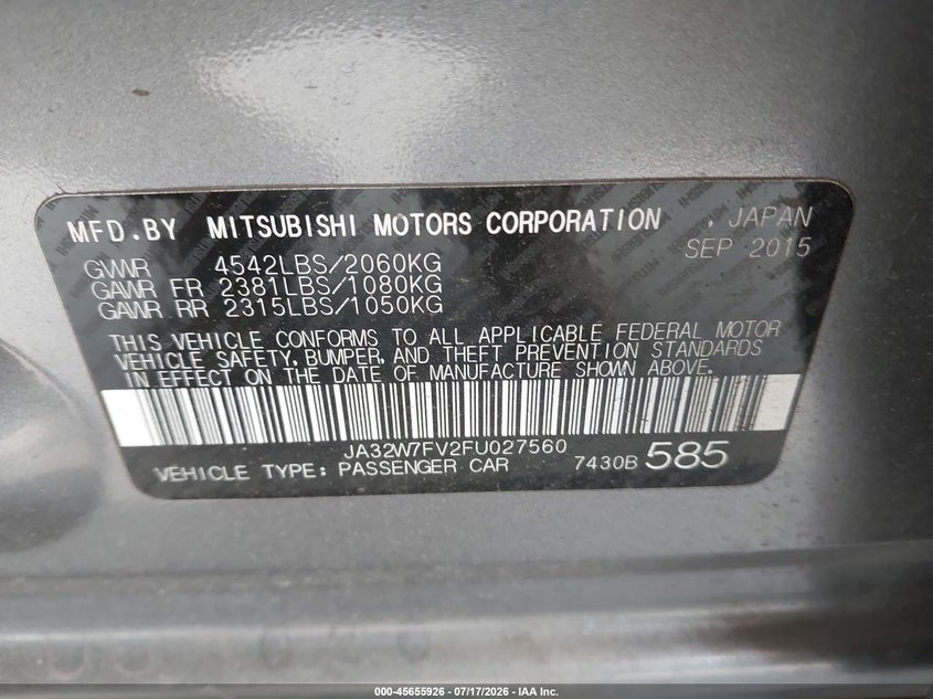 2015 Mitsubishi Lancer evolution VIN JA32W7FV2FU027560 IAAI salvage auction — LEFT & RIGHT, Salvage Title, sold $14,350 on 2026-08-12 (photo 9)