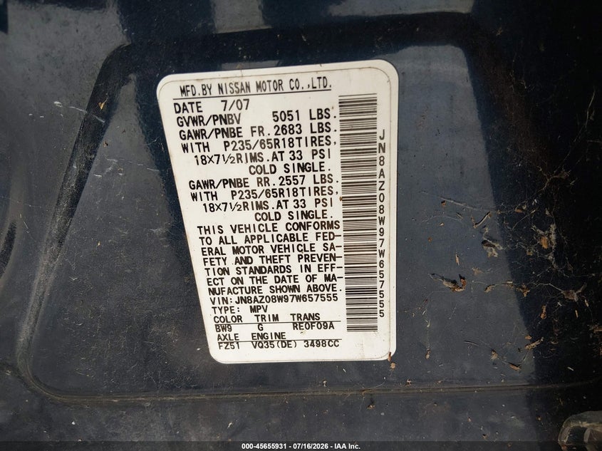 2007 Nissan Murano VIN JN8AZ08W97W657555 IAAI salvage auction — NORMAL WEAR, Clear (Missouri), sold $125 on 2026-07-27 (photo 9)