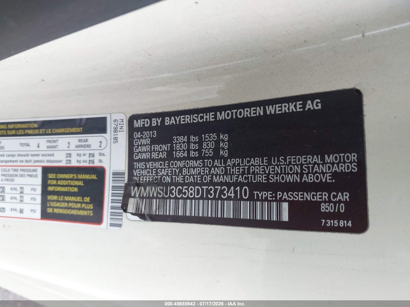 2013 Mini Hard top VIN WMWSU3C58DT373410 IAAI salvage auction — LEFT REAR, Salvage Title, sold $350 on 2026-08-11 (photo 9)