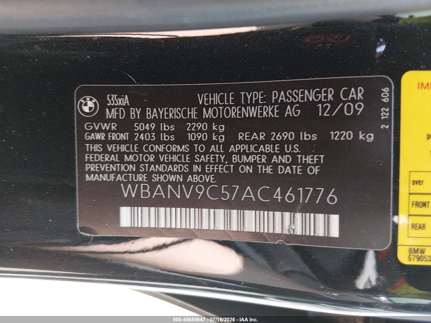 2010 BMW 5 series VIN WBANV9C57AC461776 IAAI salvage auction — FRONT END, Salvage (North Dakota), sold $1,150 on 2026-08-05 (photo 9)