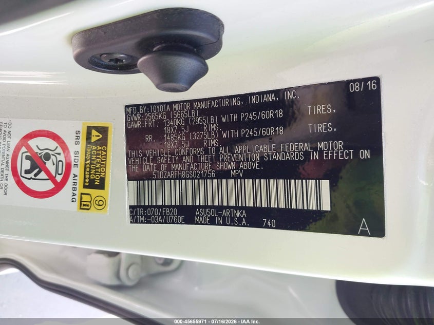2016 Toyota Highlander VIN 5TDZARFH8GS021756 IAAI salvage auction — FRONT END, Salvage (California), sold $6,975 on 2026-08-01 (photo 9)