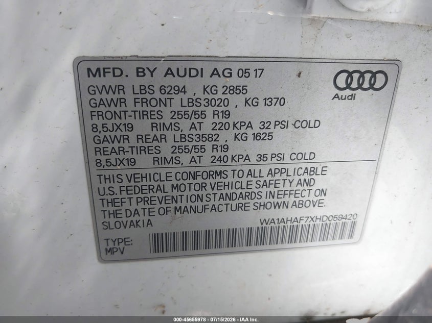 2017 Audi Q7 VIN WA1AHAF7XHD059420 IAAI salvage auction — NORMAL WEAR, Salvage Title, sold $1,050 on 2026-07-21 (photo 9)
