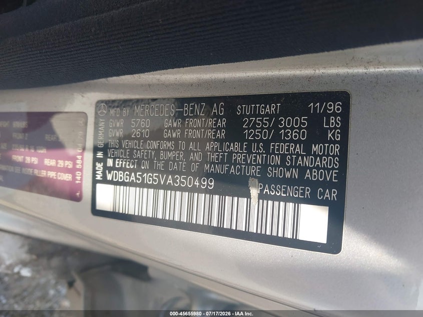 1997 Mercedes-benz S class VIN WDBGA51G5VA350499 IAAI salvage auction — NORMAL WEAR, Clear (New York), sold $1,800 on 2026-07-28 (photo 9)