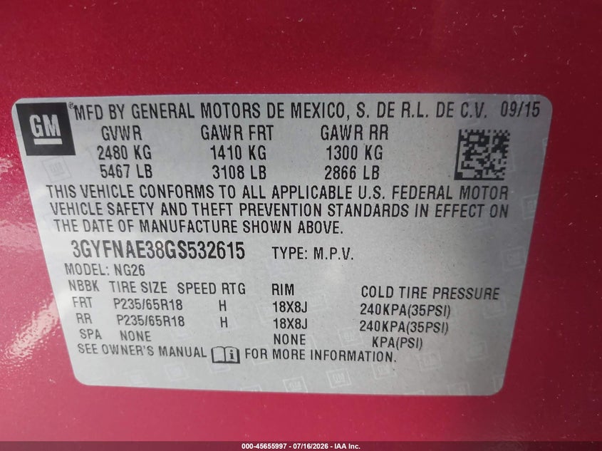 2016 Cadillac Srx VIN 3GYFNAE38GS532615 IAAI salvage auction — FRONT END, Salvage Certificate (California), sold $50 on 2026-07-29 (photo 9)