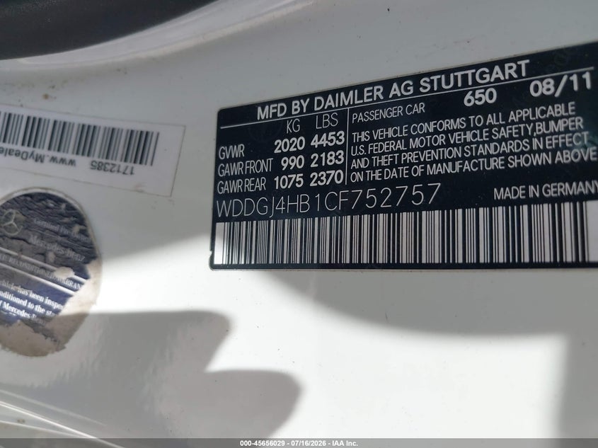2012 Mercedes-benz C-klasse VIN WDDGJ4HB1CF752757 IAAI salvage auction — NORMAL WEAR, Original (Texas), sold $775 on 2026-08-10 (photo 9)