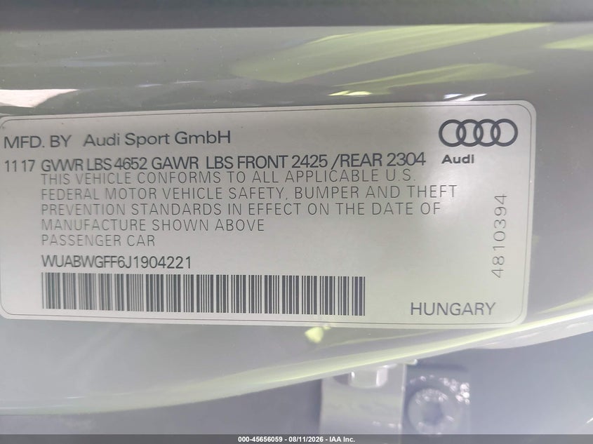 2018 Audi Rs3 VIN WUABWGFF6J1904221 IAAI salvage auction — FRONT END, Original (Texas), sold $17,000 on 2026-09-08 (photo 9)