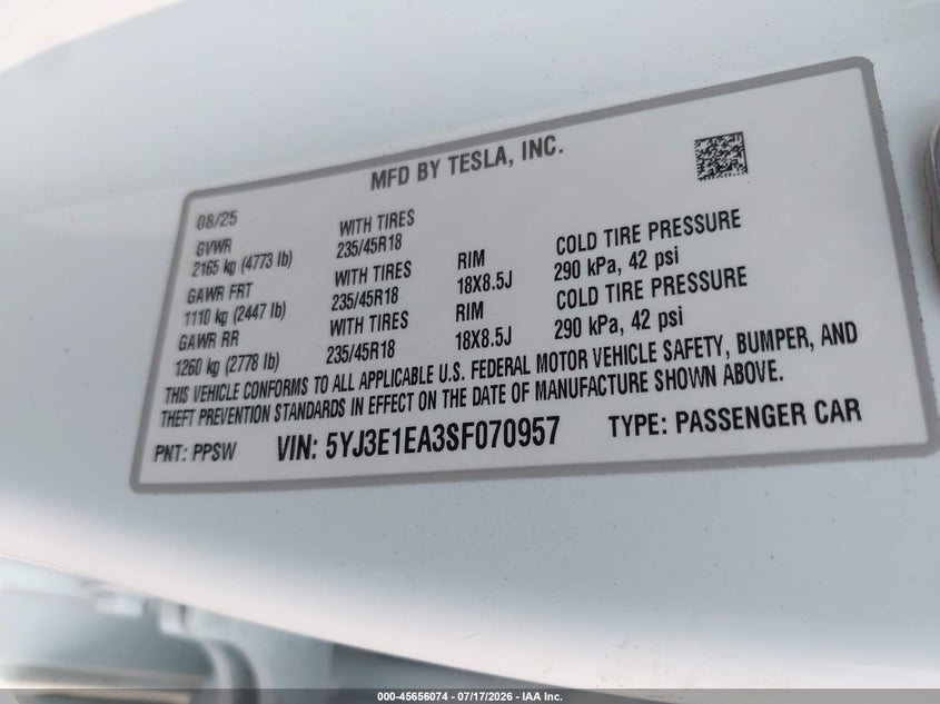 2025 Tesla Model 3 VIN 5YJ3E1EA3SF070957 IAAI salvage auction — FRONT END, Salvage - Greater Than 75% (Maryland), sold $20,500 on 2026-09-02 (photo 9)
