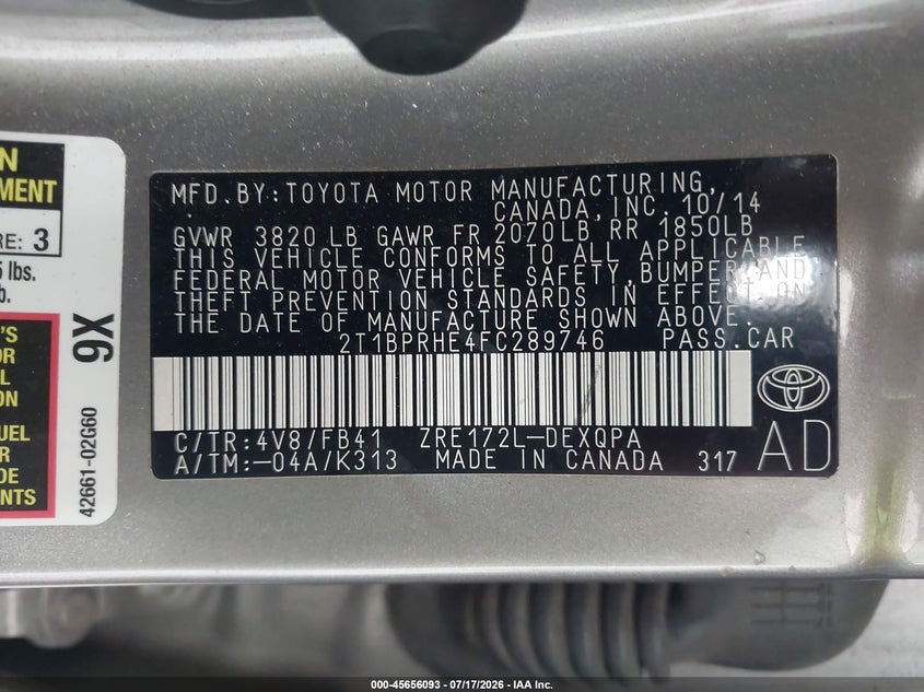 2015 Toyota Corolla VIN 2T1BPRHE4FC289746 IAAI salvage auction — REAR END, Rebuildable (Florida), sold $2,150 on 2026-07-30 (photo 9)