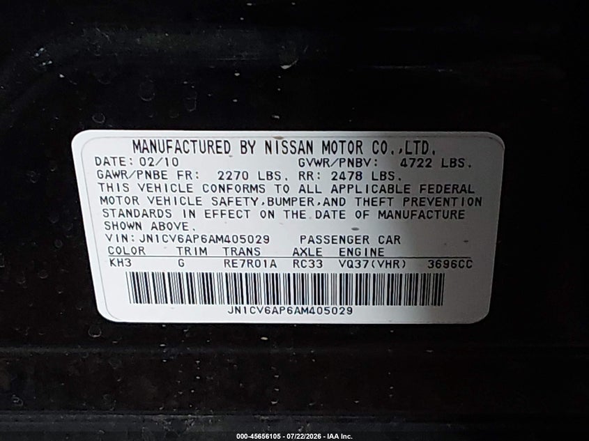 2010 Infiniti G37 VIN JN1CV6AP6AM405029 IAAI salvage auction — SIDE, Salvage (Arizona), sold $1,650 on 2026-07-29 (photo 9)