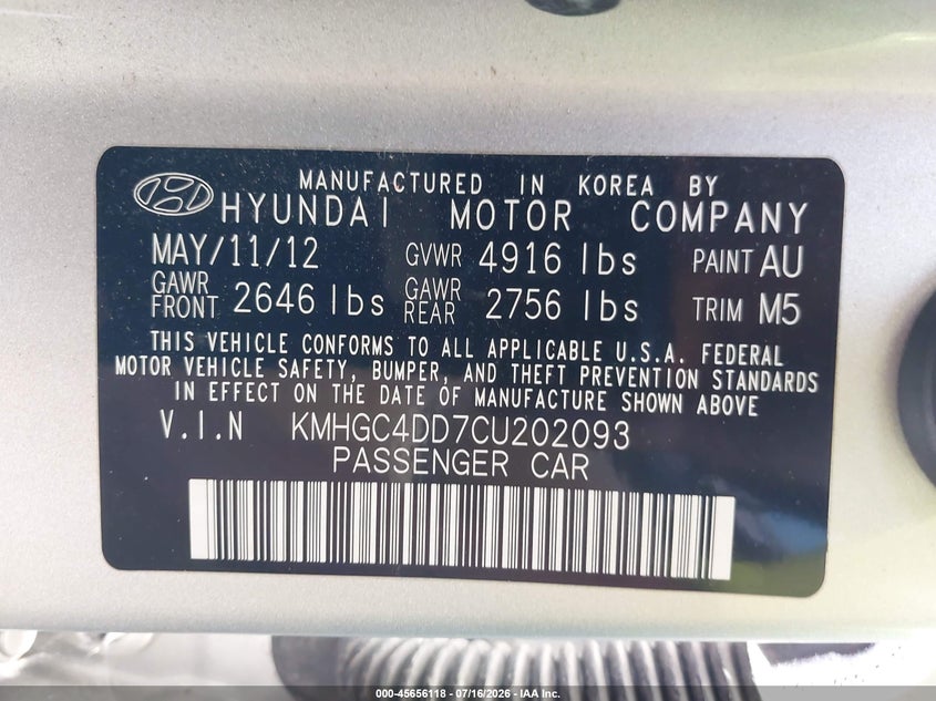 2012 Hyundai Genesis VIN KMHGC4DD7CU202093 IAAI salvage auction — FRONT END, Salvage Title, sold $1,050 on 2026-07-29 (photo 9)