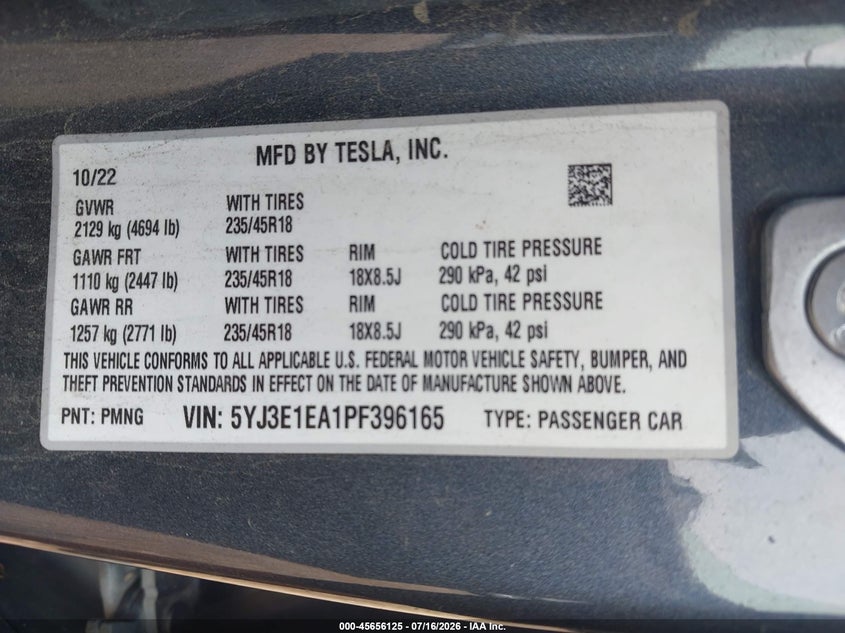 2023 Tesla Model 3 VIN 5YJ3E1EA1PF396165 IAAI salvage auction — FRONT END, Wait Title, sold $7,975 on 2026-09-05 (photo 9)