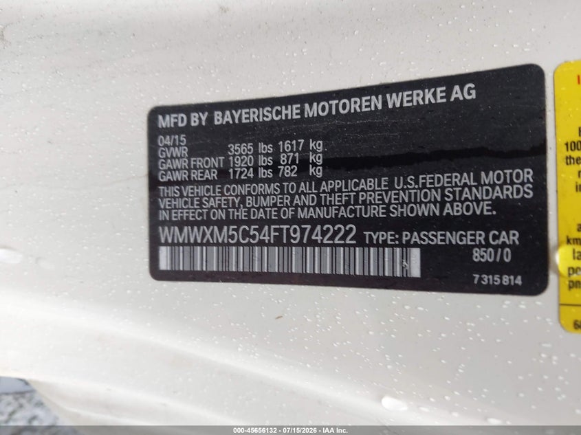 2015 Mini Hard top VIN WMWXM5C54FT974222 IAAI salvage auction — ALL OVER, Salvage Title, sold $5 on 2026-08-14 (photo 9)