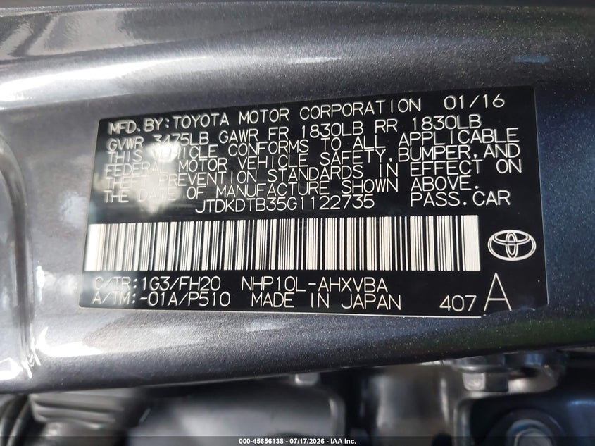 2016 Toyota Prius c VIN JTDKDTB35G1122735 IAAI salvage auction — REAR END, Salvage (California), sold $1,350 on 2026-07-23 (photo 9)