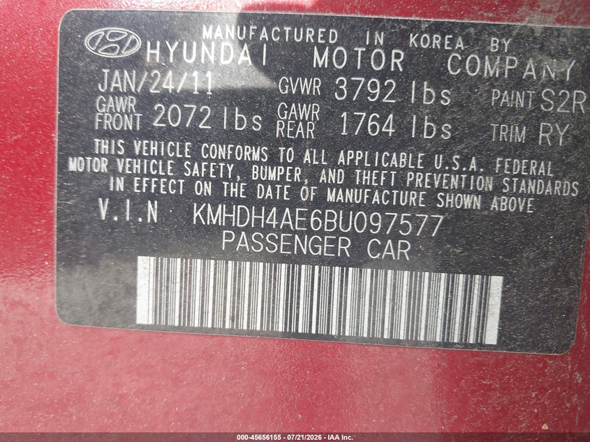 2011 Hyundai Elantra VIN KMHDH4AE6BU097577 IAAI salvage auction — FRONT END, Clear (Massachusetts), sold $25 on 2026-07-24 (photo 9)