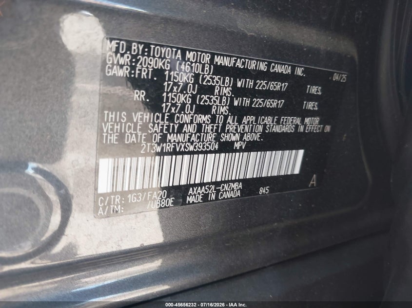 2025 Toyota Rav4 VIN 2T3W1RFVXSW393504 IAAI salvage auction — FRONT END, Enterprise Vehicles Clear Only (Nevada), sold $15,350 on 2026-07-29 (photo 9)