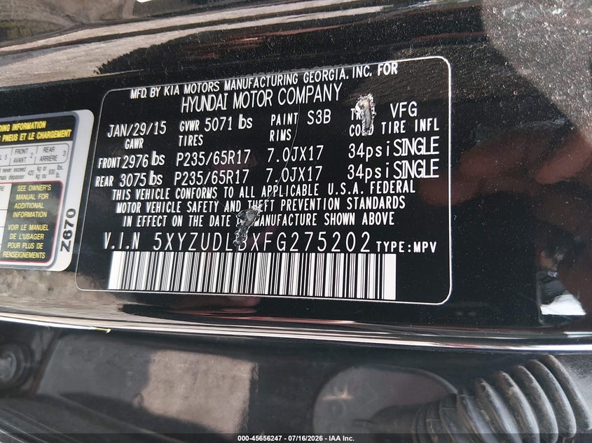 2015 Hyundai Santa fe VIN 5XYZUDLBXFG275202 IAAI salvage auction — NORMAL WEAR, Clear (Illinois), sold $1,000 on 2026-07-29 (photo 9)