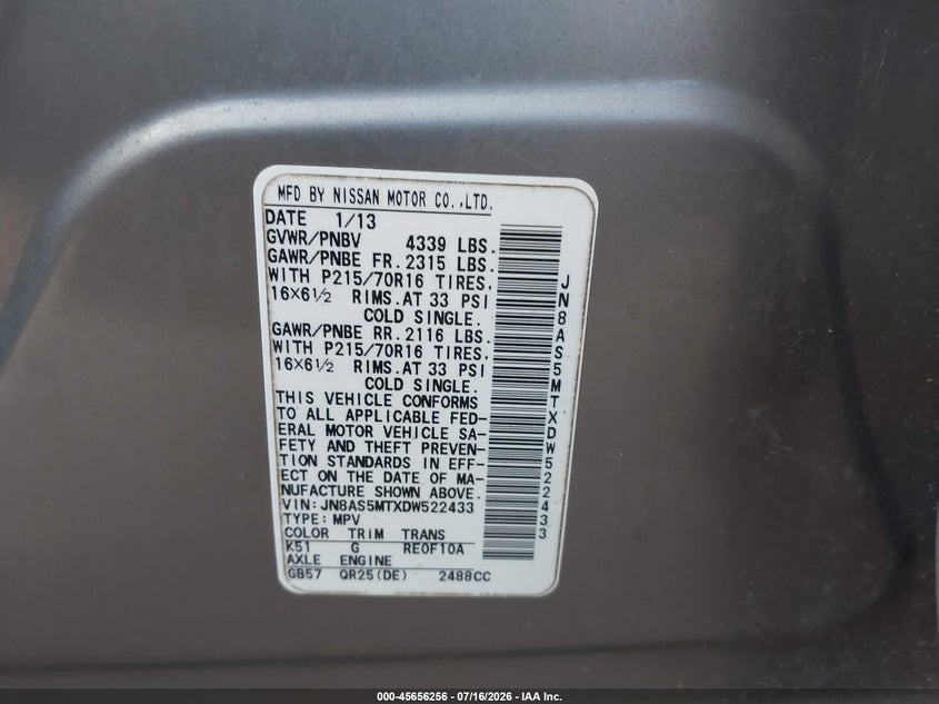 2013 Nissan Rogue VIN JN8AS5MTXDW522433 IAAI salvage auction — FRONT & REAR, Salvage Title, sold $275 on 2026-07-28 (photo 9)
