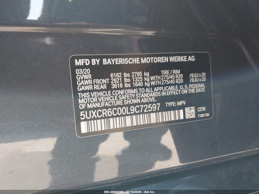 2020 BMW X5 VIN 5UXCR6C00L9C72597 IAAI salvage auction — REAR END, Salvage Title, sold $23,300 on 2026-08-03 (photo 9)